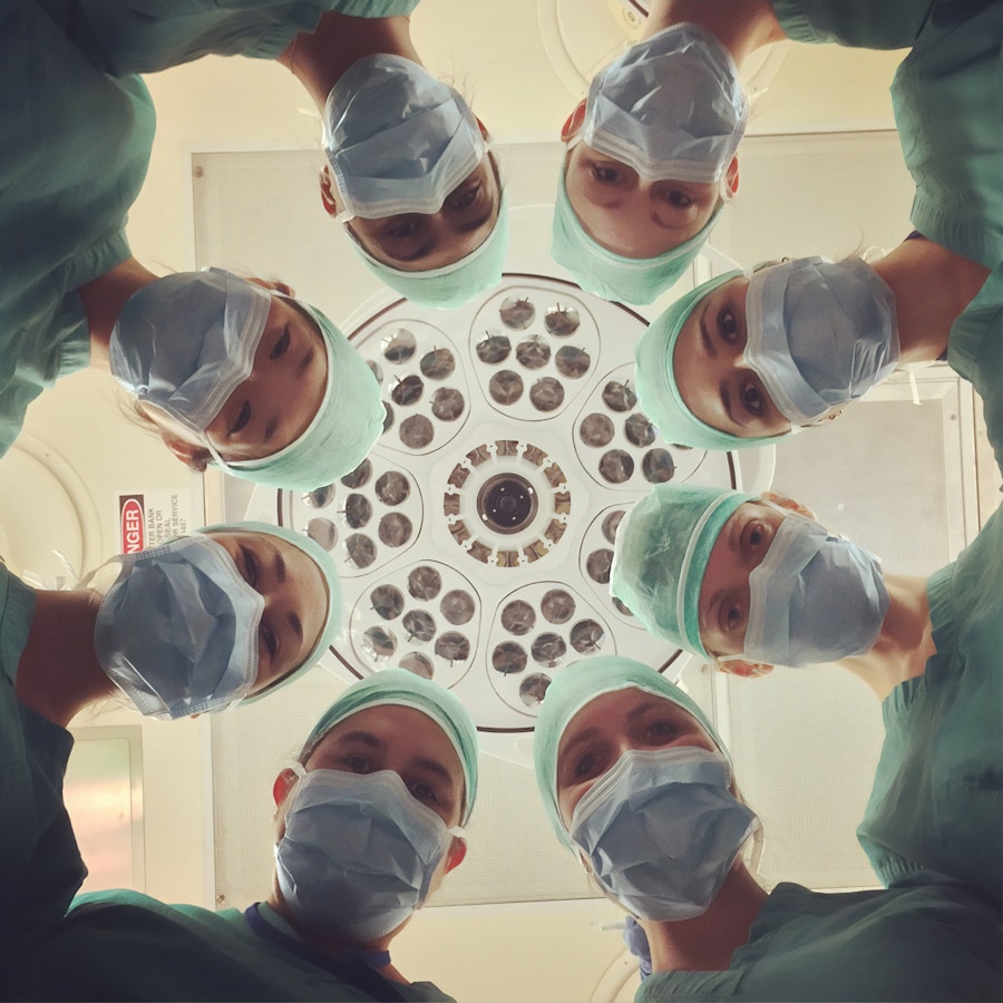 Sterile surgical instruments arranged on a tray under clinical lighting