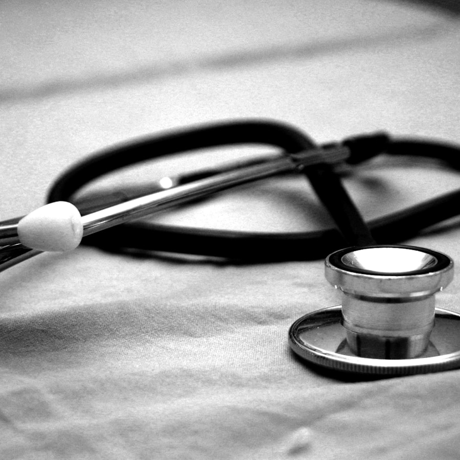 Stethoscope on a soft surface in warm clinical lighting